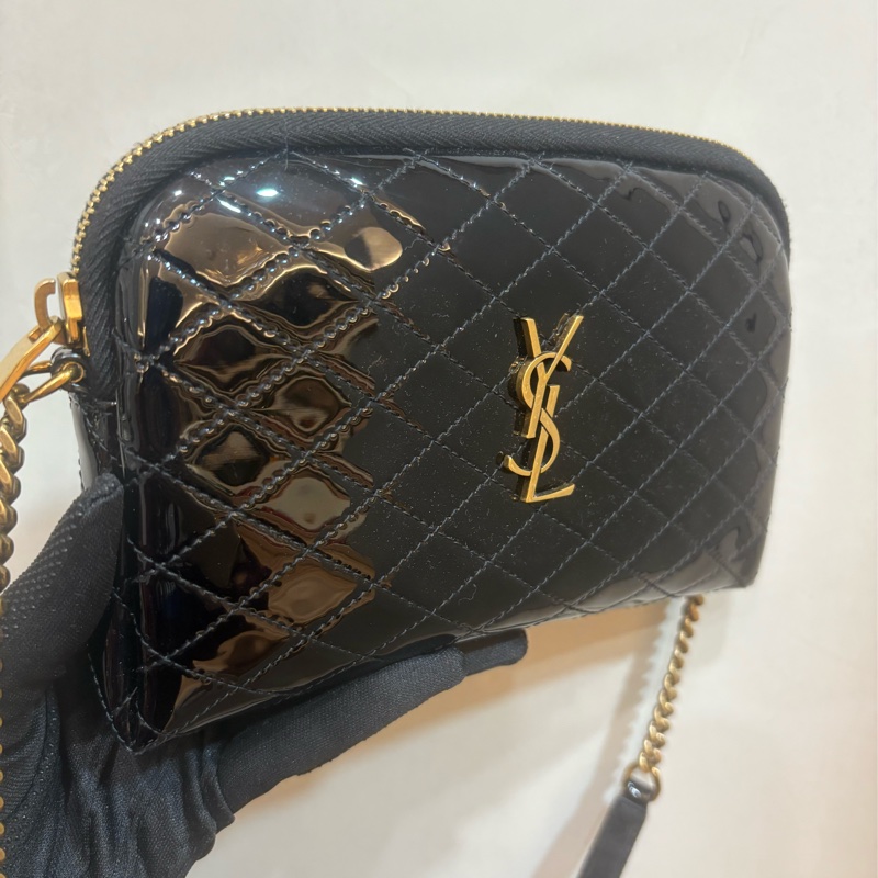 ysl 漆皮牛皮黑金貝殼包-0