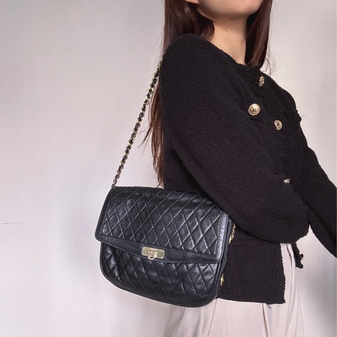 Bally 黑色菱格紋 classic flap chain bag 真皮鏈包 斜背手提