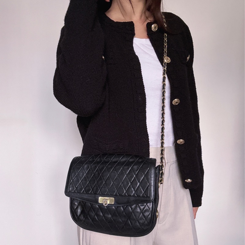 Bally 黑色菱格紋 classic flap chain bag 真皮鏈包 斜背手提-1