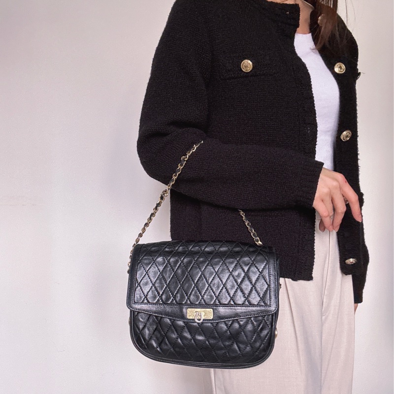 Bally 黑色菱格紋 classic flap chain bag 真皮鏈包 斜背手提-2