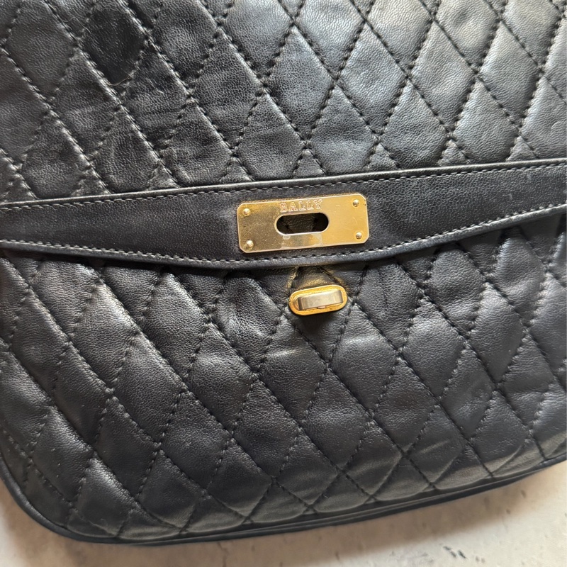 Bally 黑色菱格紋 classic flap chain bag 真皮鏈包 斜背手提-5