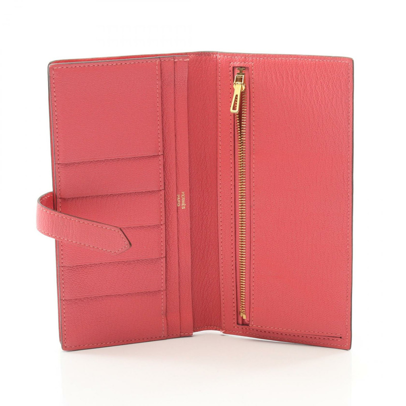 愛馬仕 Bearn Soufflet 雙折錢包，山羊皮，玫瑰杜鵑色，二手，女士，金扣-2