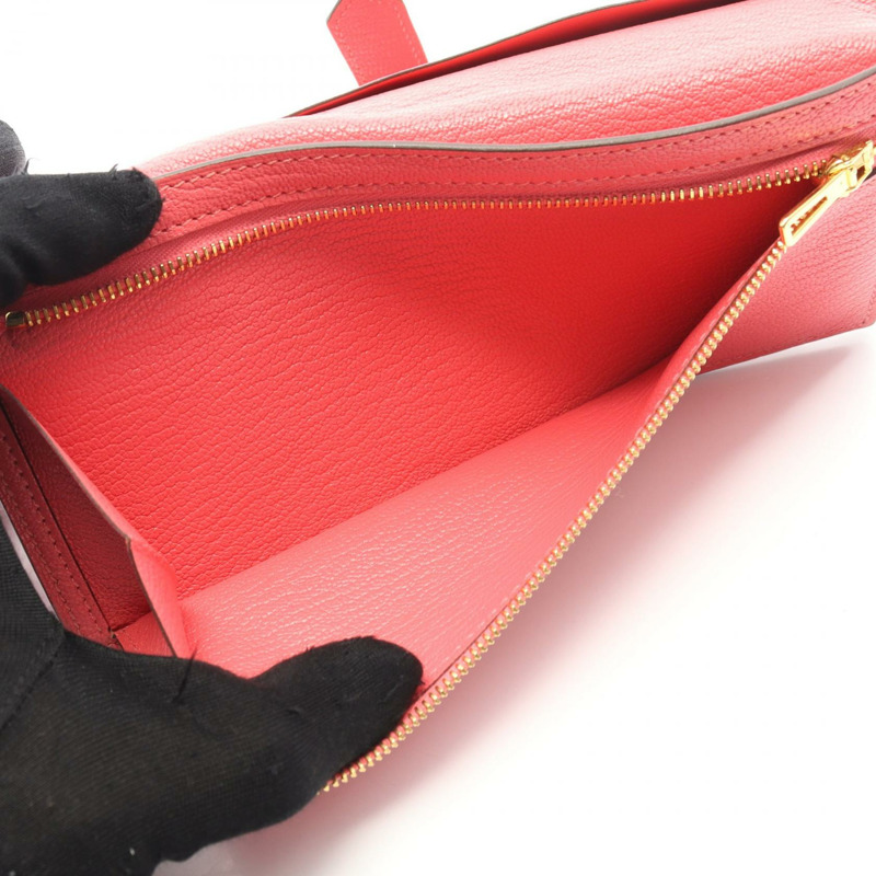 愛馬仕 Bearn Soufflet 雙折錢包，山羊皮，玫瑰杜鵑色，二手，女士，金扣-3