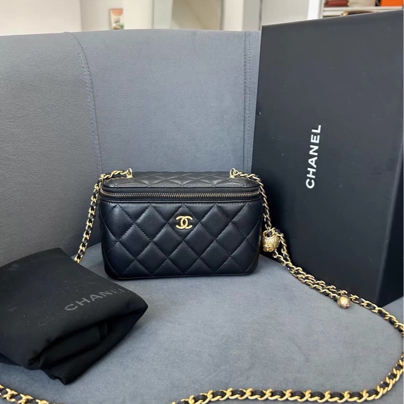 超🔥人氣款😍99新🈶購證😍Chanel黑金菱格紋金球長盒子斜背包單肩包-9