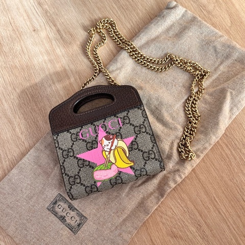 超罕有 絕版 Gucci Bananya print 可愛貓咪 斜背錢包