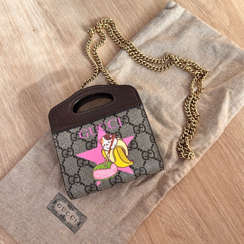 超罕有 絕版 Gucci Bananya print 可愛貓咪 斜背錢包-0