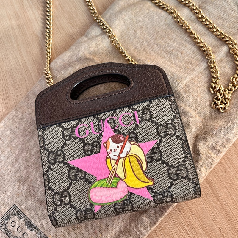 超罕有 絕版 Gucci Bananya print 可愛貓咪 斜背錢包-1