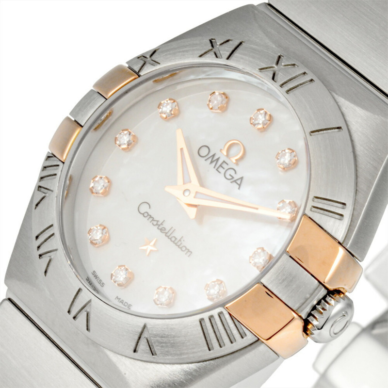 歐米茄星座系列 123.20.24.60.55.00?5 女士石英腕錶,白色貝殼錶盤,雙色銀色和不銹鋼錶殼,鑲嵌 12 顆鑽石-7