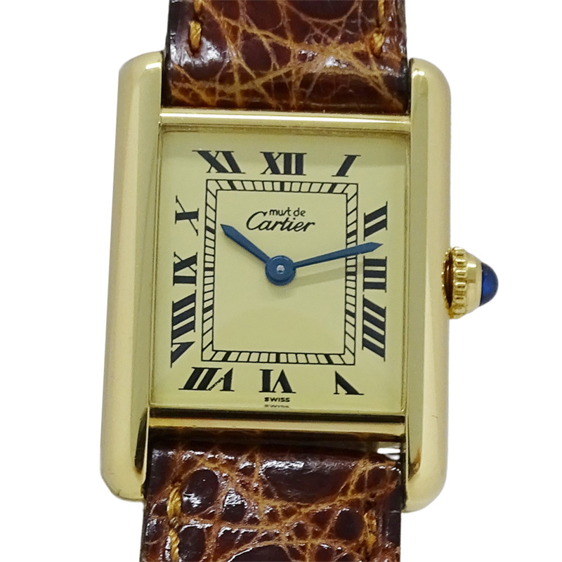 卡地亞 Must Tank 女士腕錶，小號，鍍金石英機芯，QZ 925 皮革錶帶，方形，W1003153-1