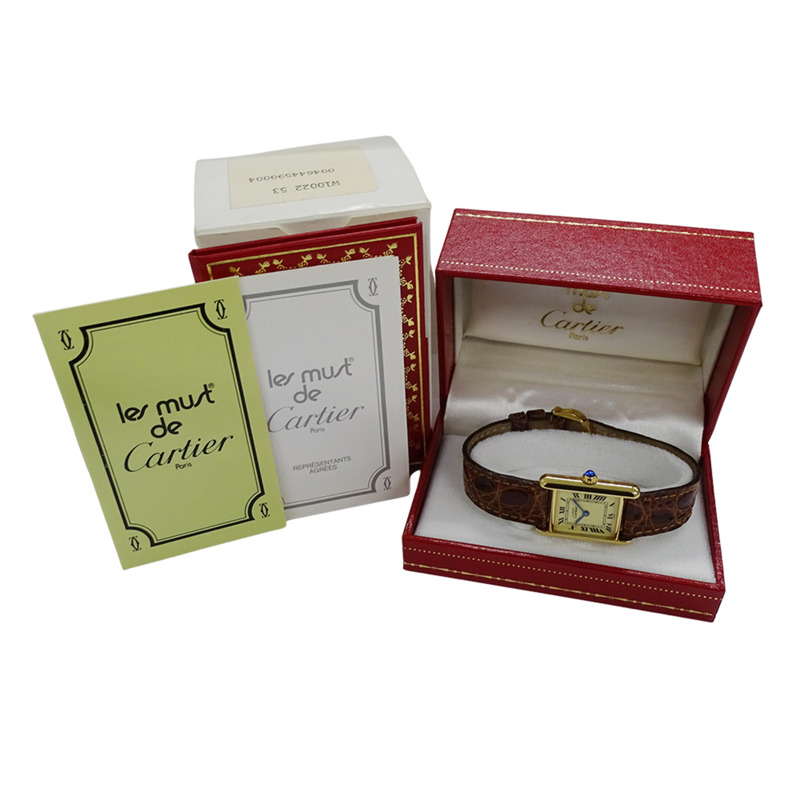 卡地亞 Must Tank 女士腕錶，小號，鍍金石英機芯，QZ 925 皮革錶帶，方形，W1003153-8