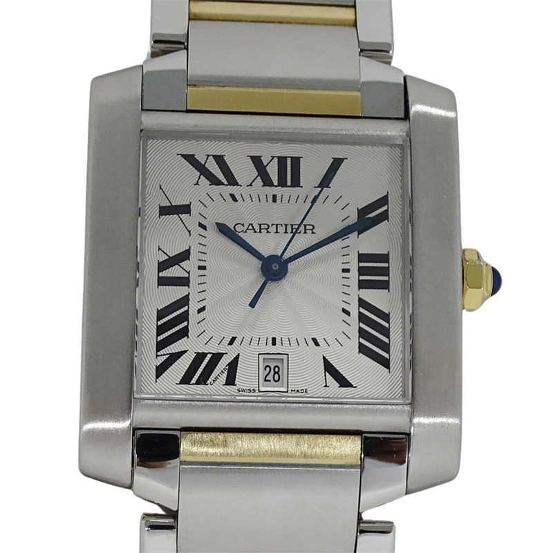 卡地亞 Tank Française 男士腕錶，LM，日期顯示，自動上鍊，不銹鋼，黃金，黃色 W51005Q4，組合款，已翻新拋光-1