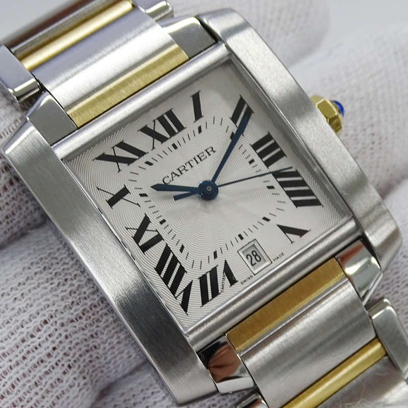 卡地亞 Tank Française 男士腕錶，LM，日期顯示，自動上鍊，不銹鋼，黃金，黃色 W51005Q4，組合款，已翻新拋光-13
