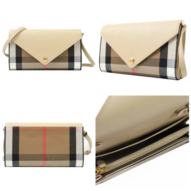激甜價閒置新品✨ BURBERRY 巴寶莉 WOC 經典棉麻格紋牛皮拼接多卡式翻蓋斜背包-3
