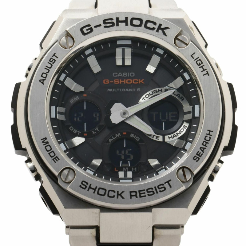 卡西歐 G-SHOCK G-STEEL GSTW100 系列男士腕錶 (GSTW110D1AJF)，黑色和銀色樹脂錶帶搭配不鏽鋼錶殼。-0