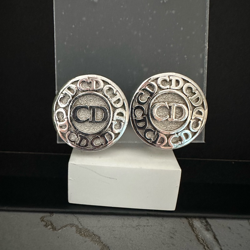 Christian Dior 復古CD標誌圓形銀色耳環-0