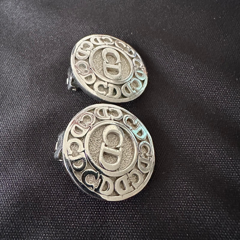 Christian Dior 復古CD標誌圓形銀色耳環-7