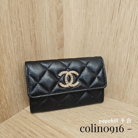 [品況優秀很粉字內裡😍] Chanel黑荔枝皮波紋雙C銀釦零錢卡包