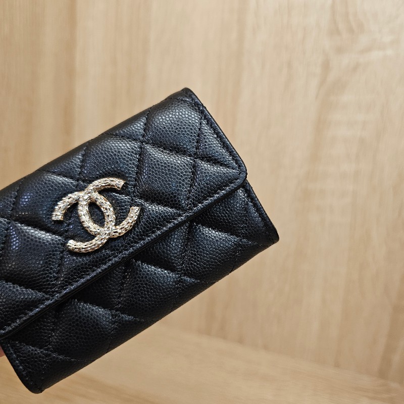 [品況優秀很粉字內裡😍] Chanel黑荔枝皮波紋雙C銀釦零錢卡包-2