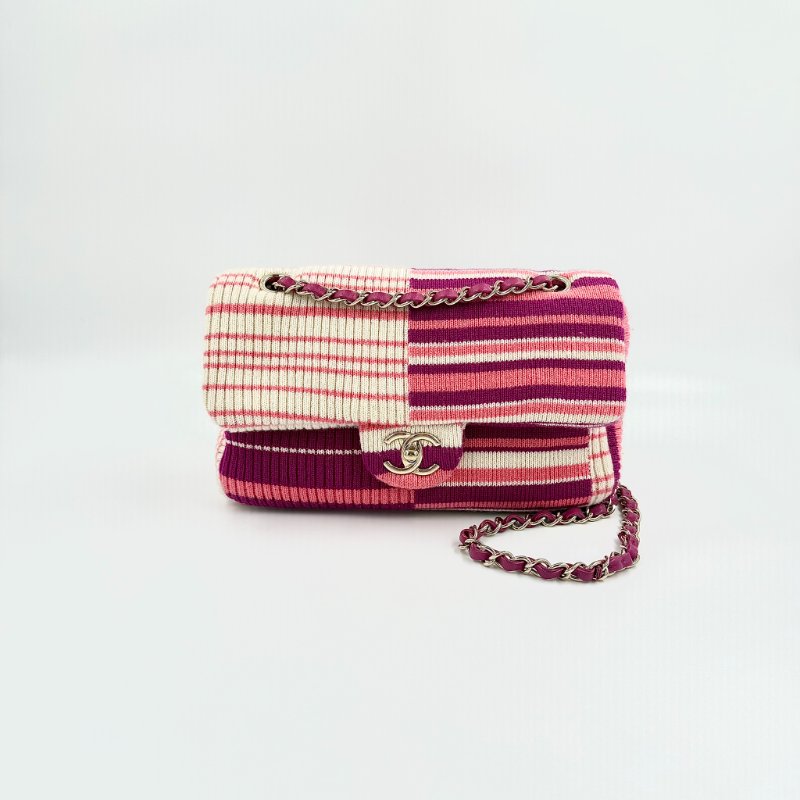 CHANEL - 粉紅色銀釦條紋針織包-0