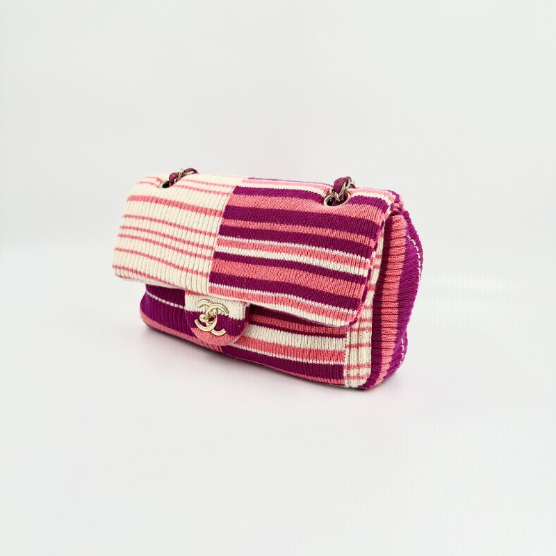 CHANEL - 粉紅色銀釦條紋針織包-2