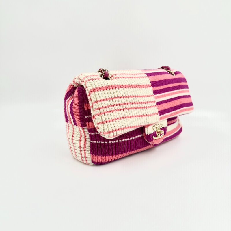 CHANEL - 粉紅色銀釦條紋針織包-3