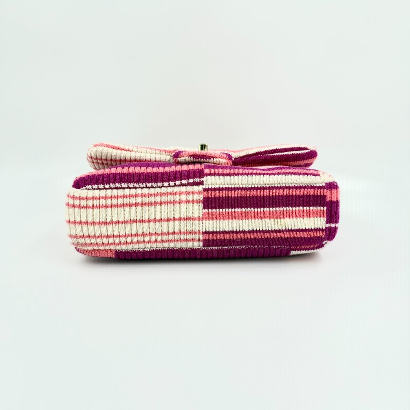 CHANEL - 粉紅色銀釦條紋針織包-4