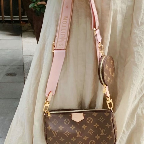 LV老花粉肩帶五合一 芯片款24*13*4  98新配件塵袋