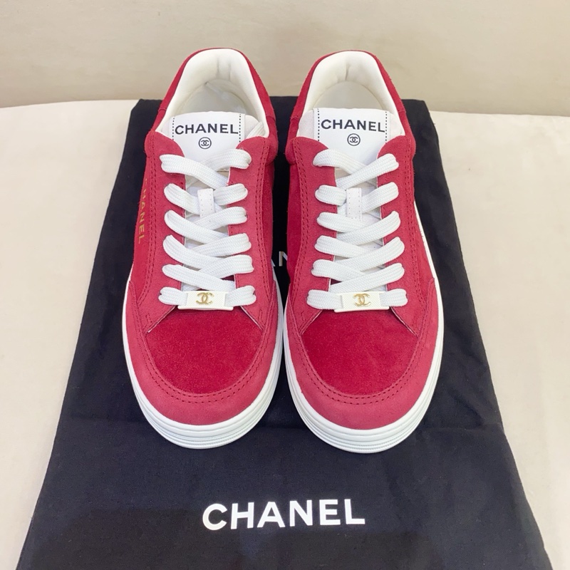 Chanel香奈兒 紅色麂皮logo板鞋休閒鞋平底鞋  99 新36.5碼-0