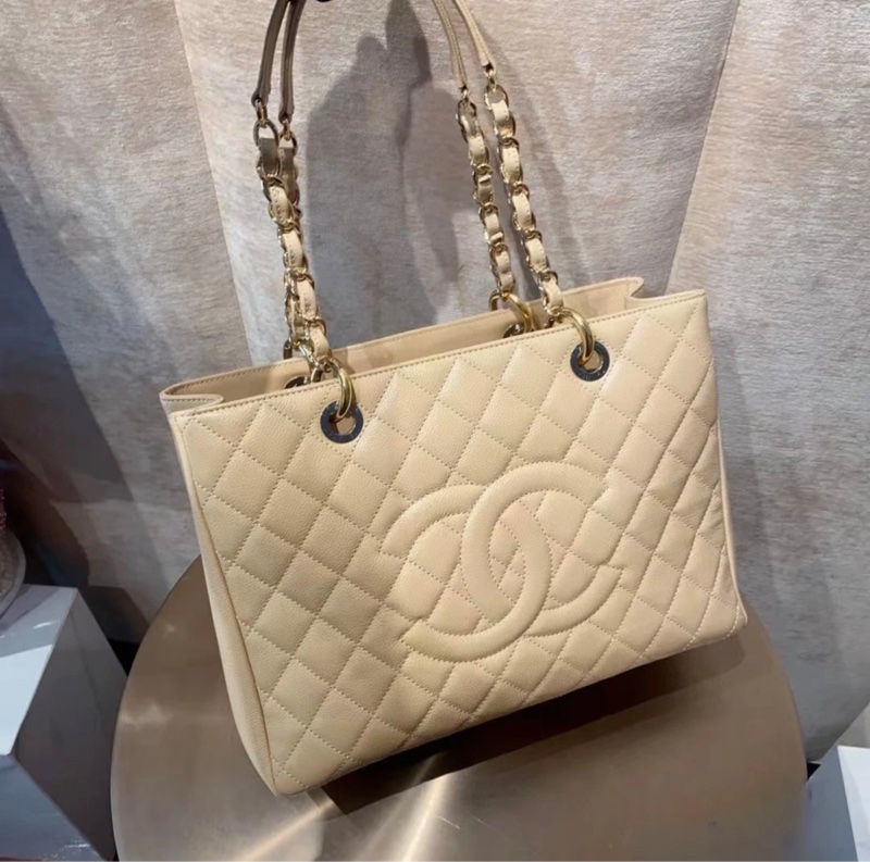 「JL精品代購」 98新 Chanel 香奈兒 荔枝牛皮Gst 奶油色 托特包-0