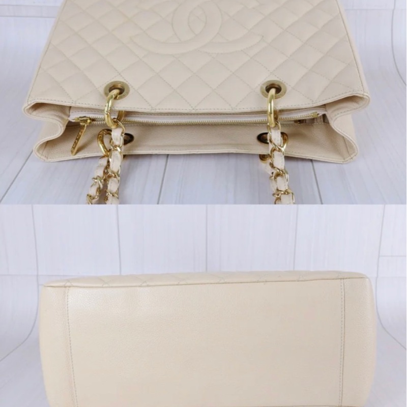 「JL精品代購」 98新 Chanel 香奈兒 荔枝牛皮Gst 奶油色 托特包-4