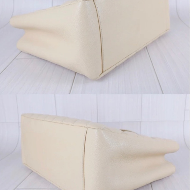 「JL精品代購」 98新 Chanel 香奈兒 荔枝牛皮Gst 奶油色 托特包-5