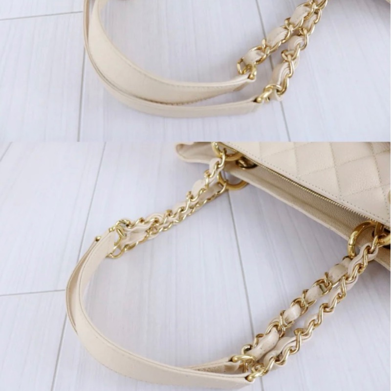 「JL精品代購」 98新 Chanel 香奈兒 荔枝牛皮Gst 奶油色 托特包-9