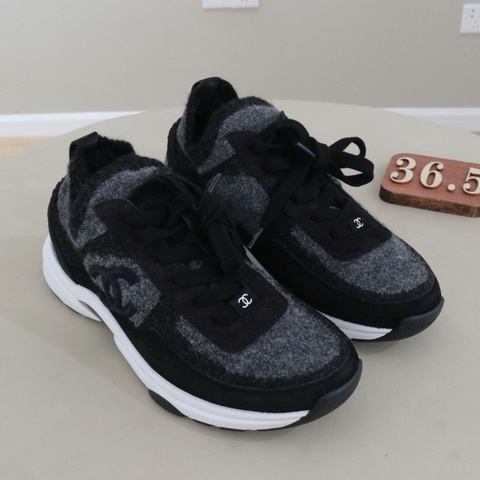香奈兒黑灰拼色毛呢系帶運動鞋，36.5碼 99新 無附件