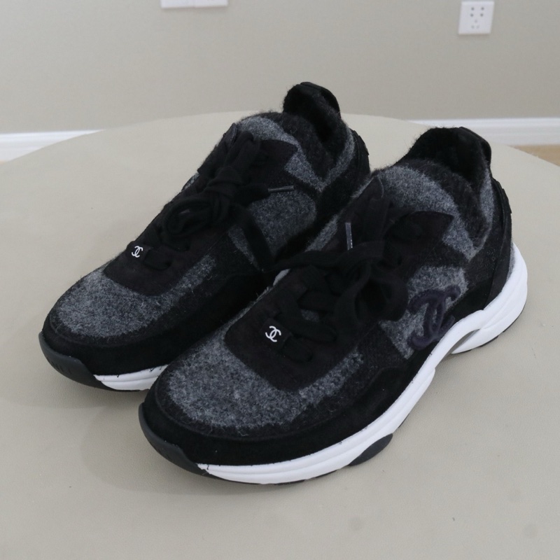 香奈兒黑灰拼色毛呢系帶運動鞋,36.5碼 99新 無附件-1