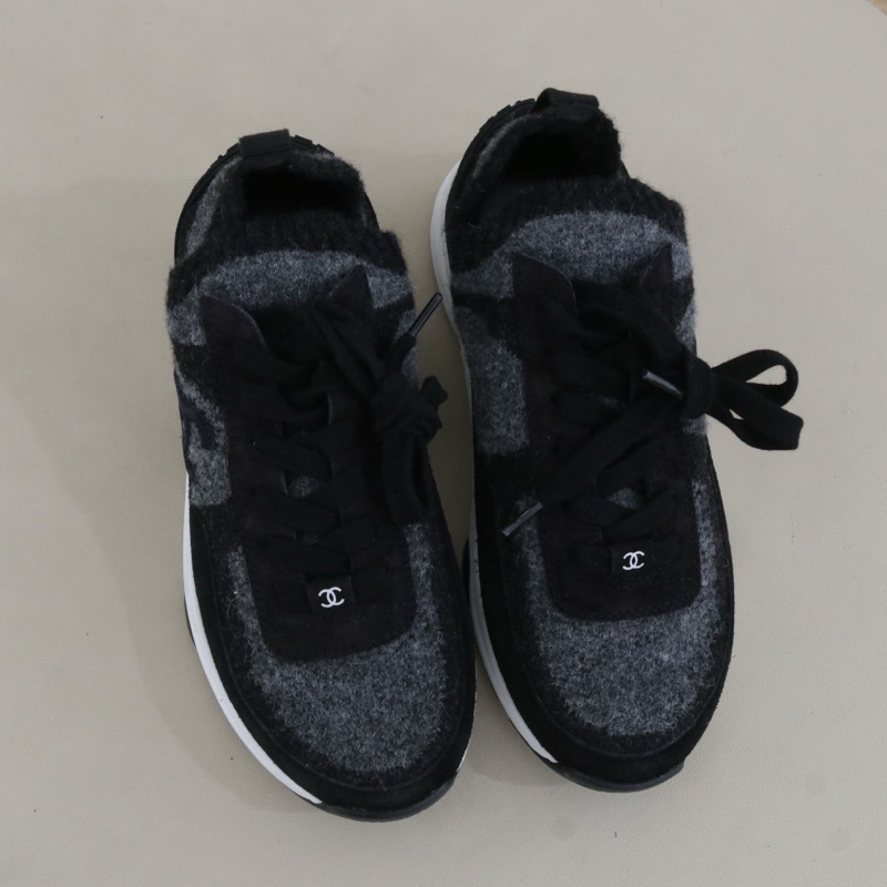 香奈兒黑灰拼色毛呢系帶運動鞋,36.5碼 99新 無附件-4