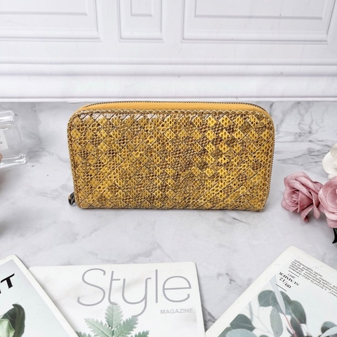 bv 黃色經典款蛇皮編織拉鍊錢包 20×10×2 98新配件塵袋
