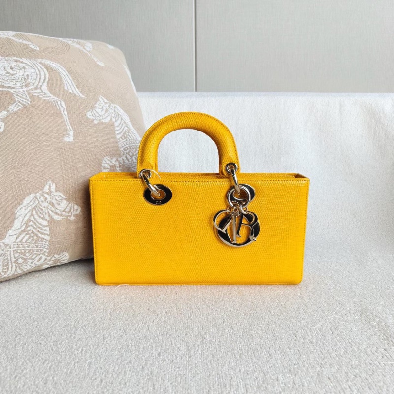 Dior D-joy中號橫版黛妃 黃色金扣蜥蜴皮26*14*6  99新配件塵袋購證-3