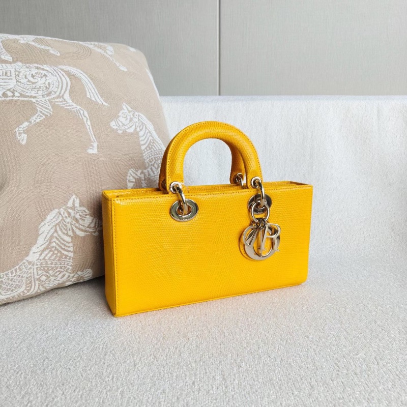 Dior D-joy中號橫版黛妃 黃色金扣蜥蜴皮26*14*6  99新配件塵袋購證-4