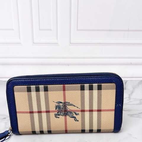 Burberry 經典藍色戰馬格紋拉鍊錢包20×10×2 98新配件塵袋