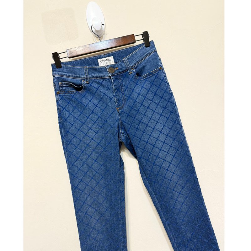 CHANEL 復古藍菱格紋窄管牛仔褲 34/XS/S-4