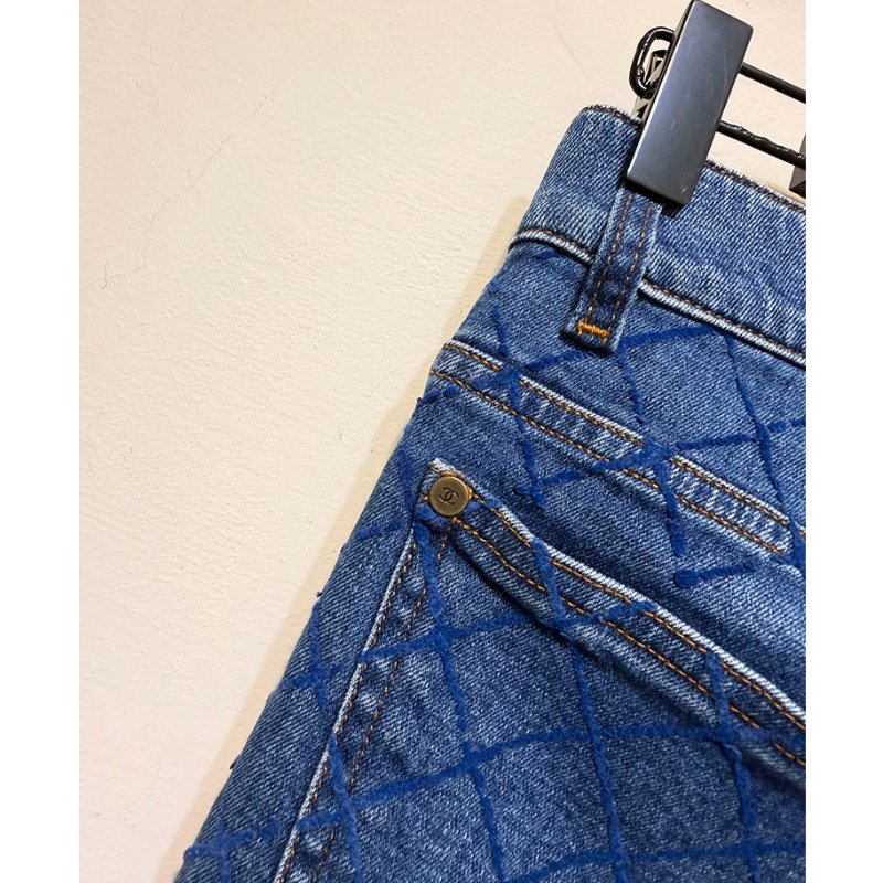 CHANEL 復古藍菱格紋窄管牛仔褲 34/XS/S-7