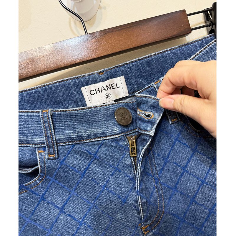 CHANEL 復古藍菱格紋窄管牛仔褲 34/XS/S-10