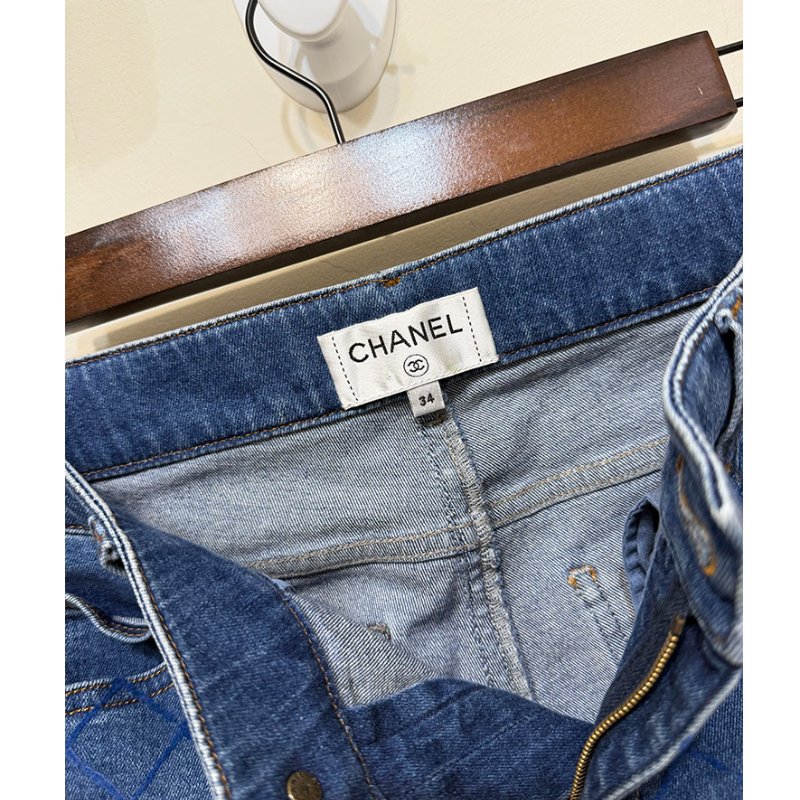 CHANEL 復古藍菱格紋窄管牛仔褲 34/XS/S-12