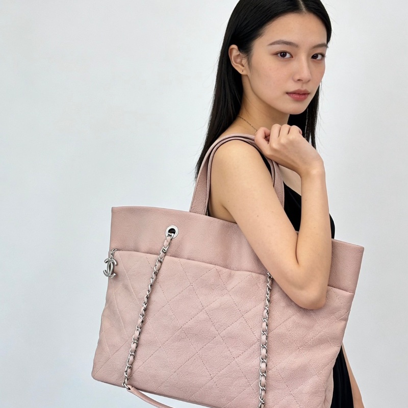 CHANEL粉色荔枝牛皮手提托特包40*27*8 98新配件塵袋保卡-0