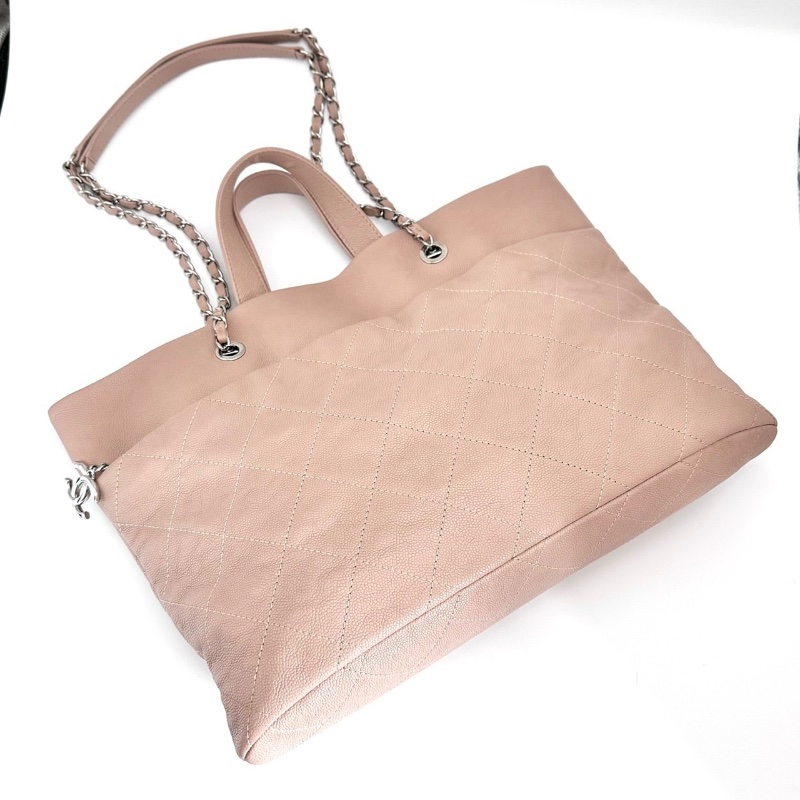 CHANEL粉色荔枝牛皮手提托特包40*27*8 98新配件塵袋保卡-3