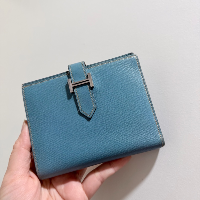 Hermes 愛馬仕 bearn 短夾 牛仔藍 銀釦-0