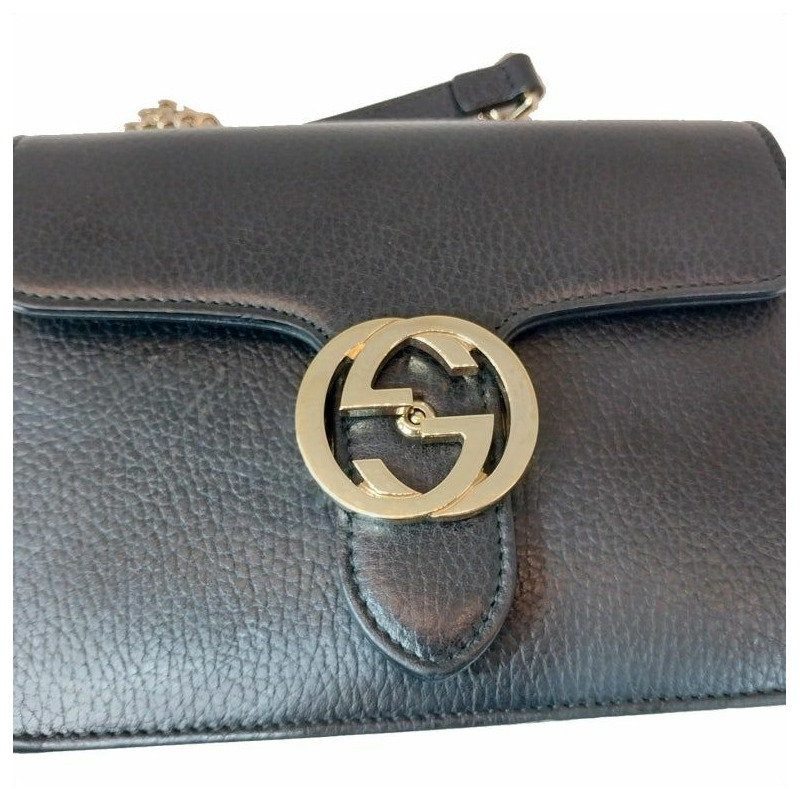 【包稅】GUCCI 黑色 GG 互扣式 Logo 鏈條金色單肩斜背包-4