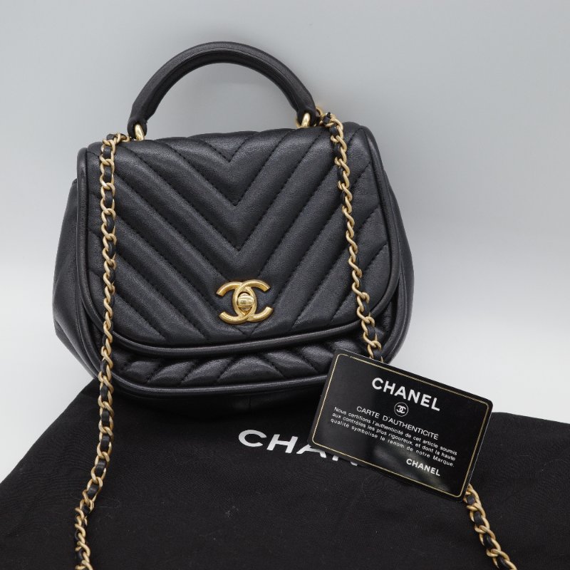 Chanel 香奈兒 V-Stitch V 紋 山形紋 黑色 牛皮 手提包 郵差包 斜挎包-0