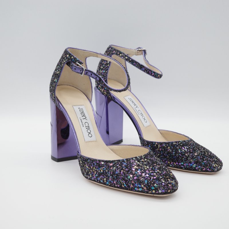 Jimmy Choo Micky 85 星空藍 亮片高跟鞋 銀色 亮粉粗格紋 皮革 高跟 尖頭鞋-0
