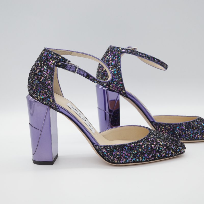 Jimmy Choo Micky 85 星空藍 亮片高跟鞋 銀色 亮粉粗格紋 皮革 高跟 尖頭鞋-1